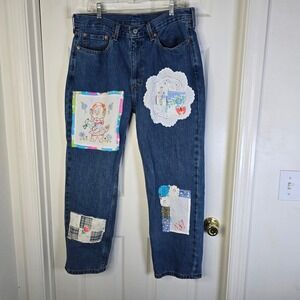 Levi's 550 Jeans W36 L30 Upcycled Embroidered kitten Patchwork Cottagecore Denim